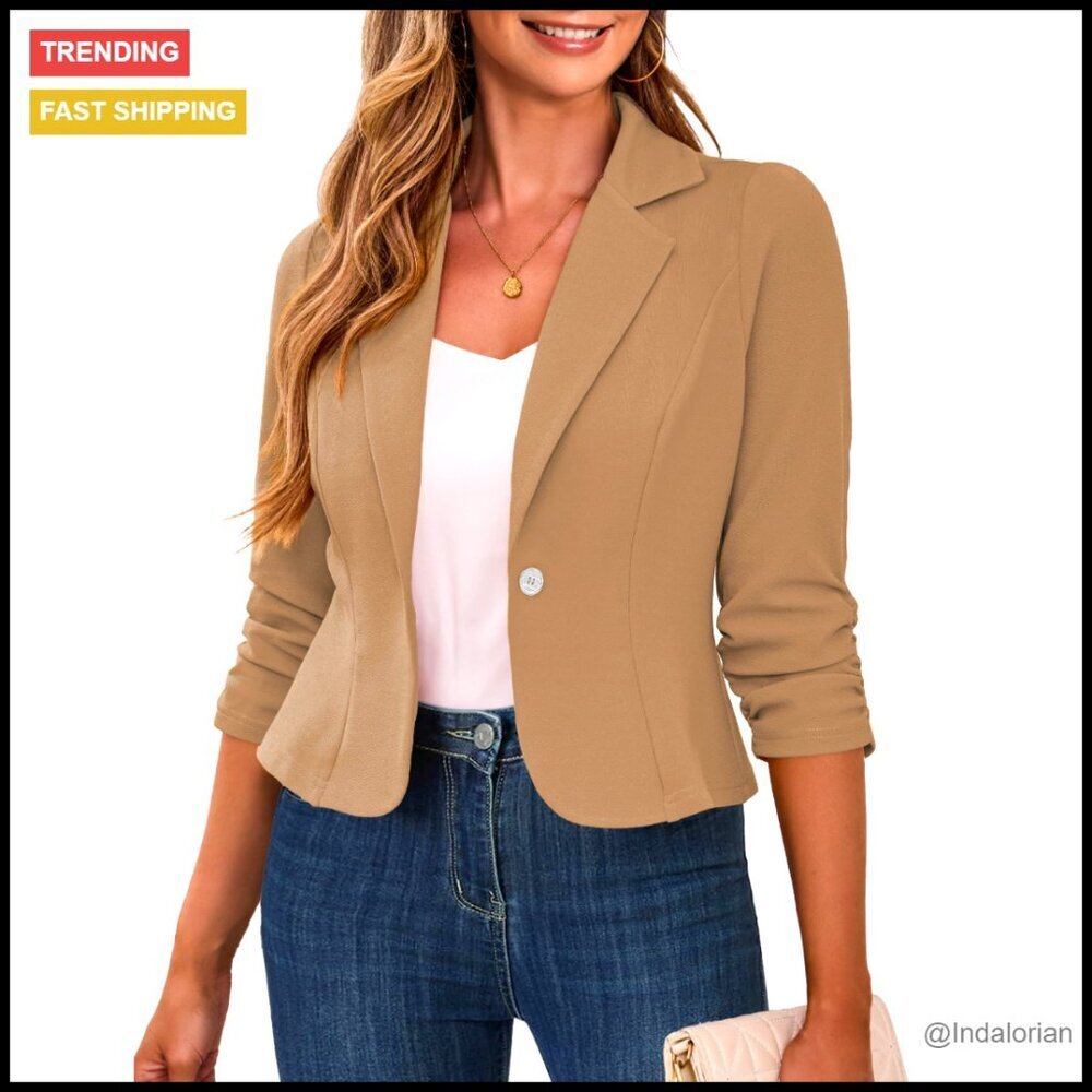 Cropped Blazer 3/4 Ruched Sleeve Lightweight Office Wear Chic Professional